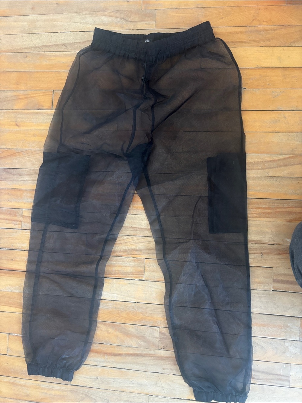 Black Sheer Mesh Joggers with Elastic Waist and Pockets